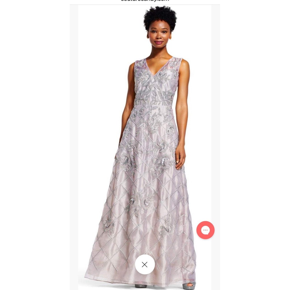 New Adrianna Papell Beaded Long Platinum Gray Formal Organza Dress Size 8